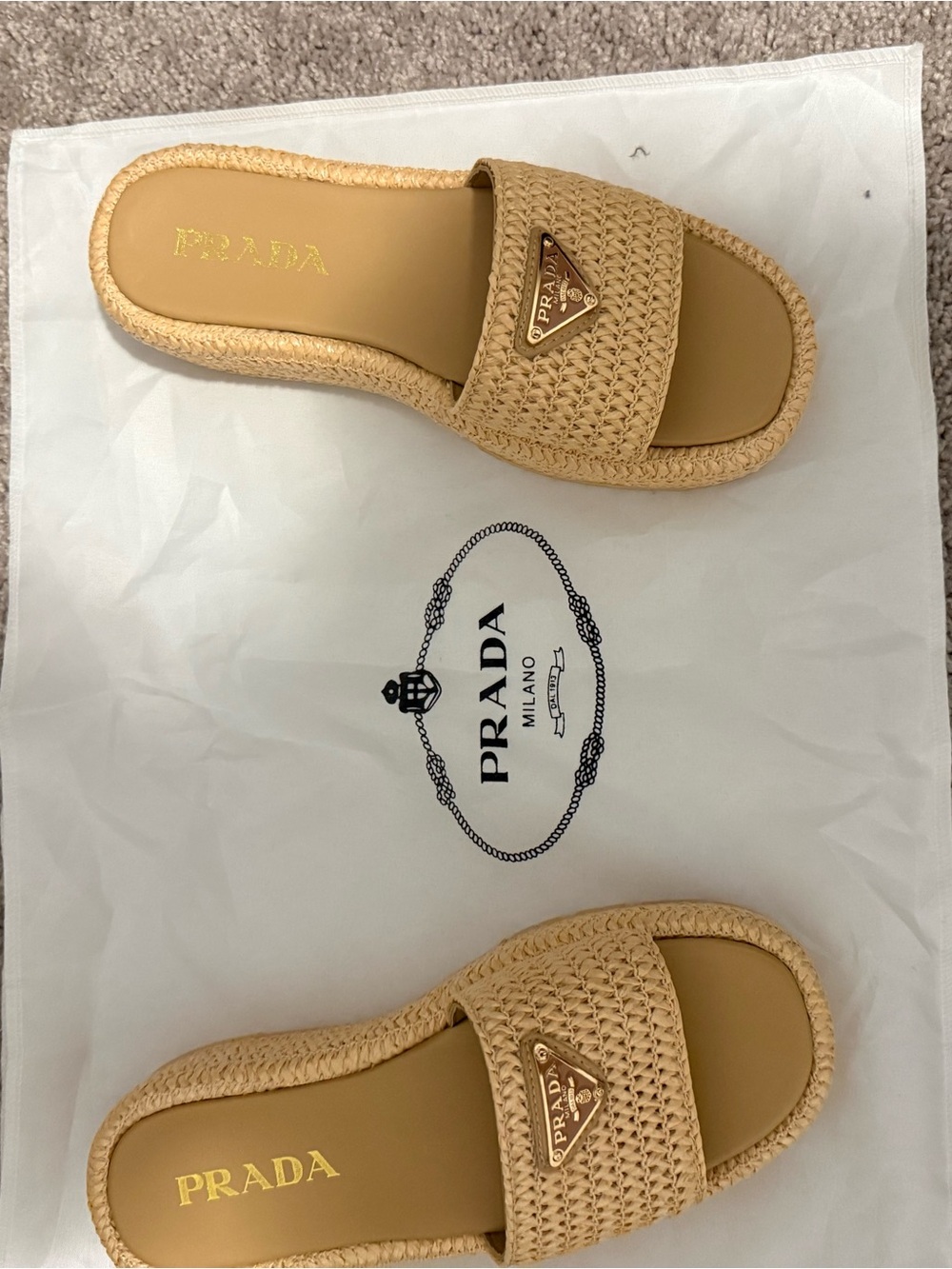 Prada Beige Raffia Slide Sandals with Gold Logo